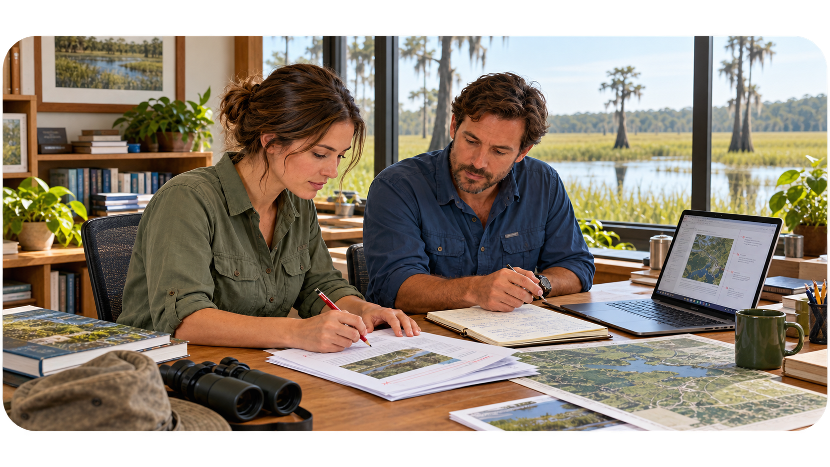 Environmental scientists reviewing wetland maps and technical reports
